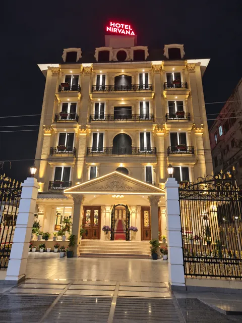 Illuminated hotel exterior at night